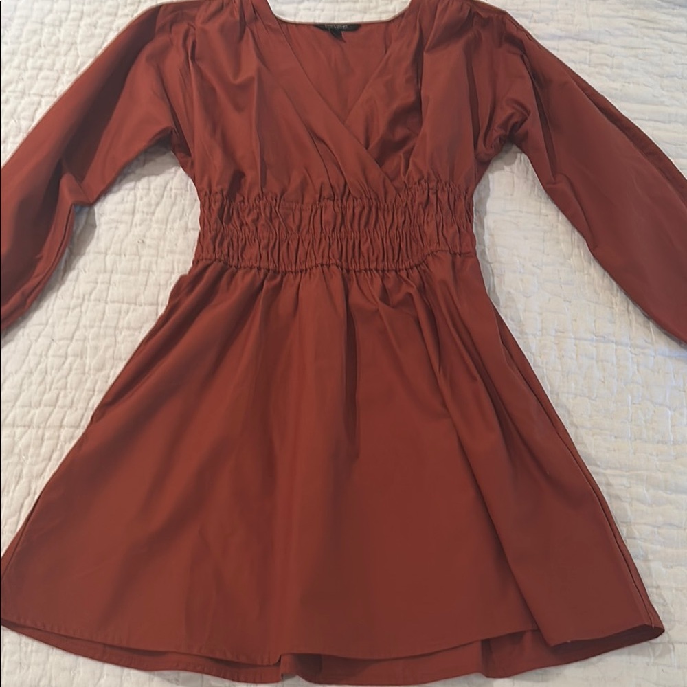 Banana Republic Rust Long-Sleeve Smocked Waist Dress